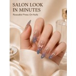 Blue French 3D Floral Press‑On Nails, Short Square Fresh & Gentle False Nails